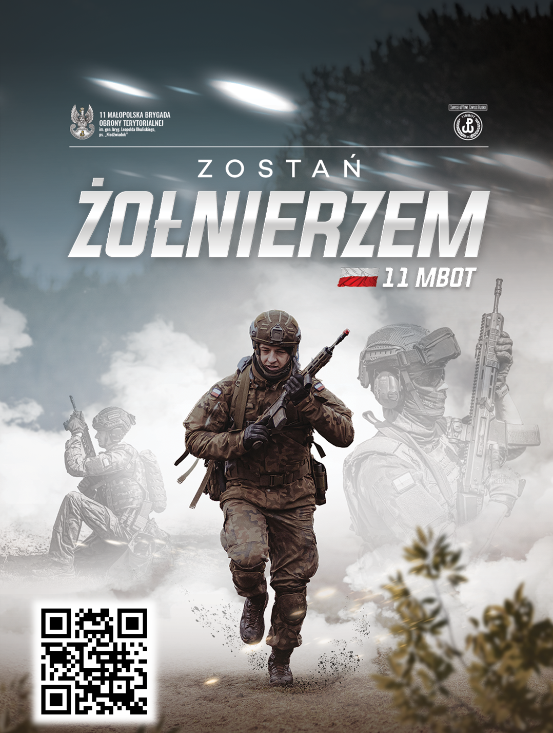 11 mbot - plakat z hasłem "Zostań żołnierzem" - na zdjęciu biegnący żołnierz z bronią
