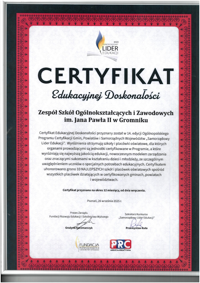 Certyfikat dla Szkoły w Gromniku