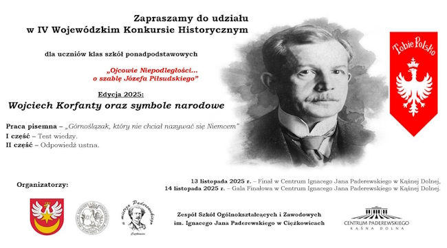 Grafika informująca o konkursie z wizerunkiem Korfantego